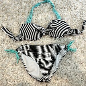 Women’s pinstripe bikini with aqua colored straps